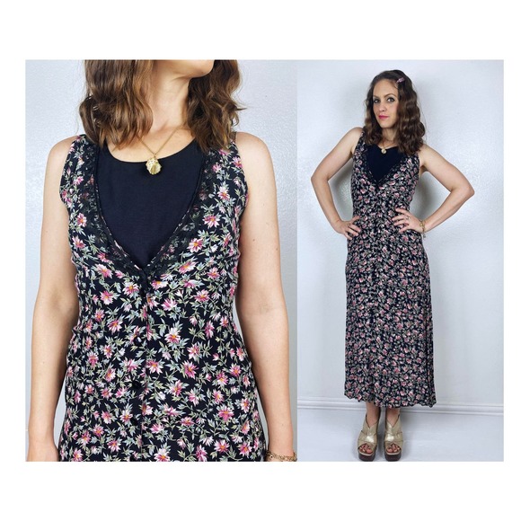 vintage 90s Black FLORAL PRINT lace Maxi DRESS xs/s cottage core grunge coquette - Picture 1 of 10